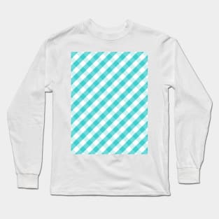 Turquoise Blue and White Check Gingham Plaid Long Sleeve T-Shirt